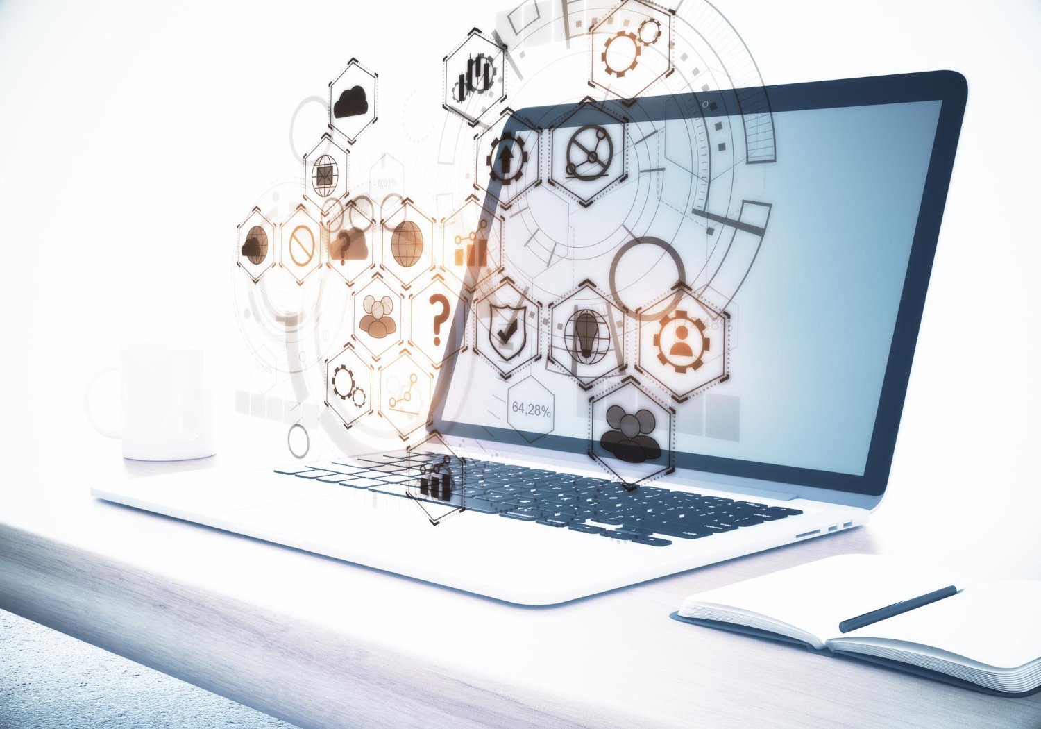 Ilustración de herramientas digitales y procesos sobre un portátil, representando software de gestión empresarial.