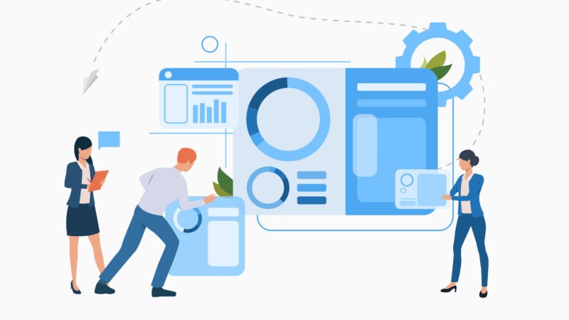 Ilustración de personas usando herramientas digitales y software de gestión empresarial.